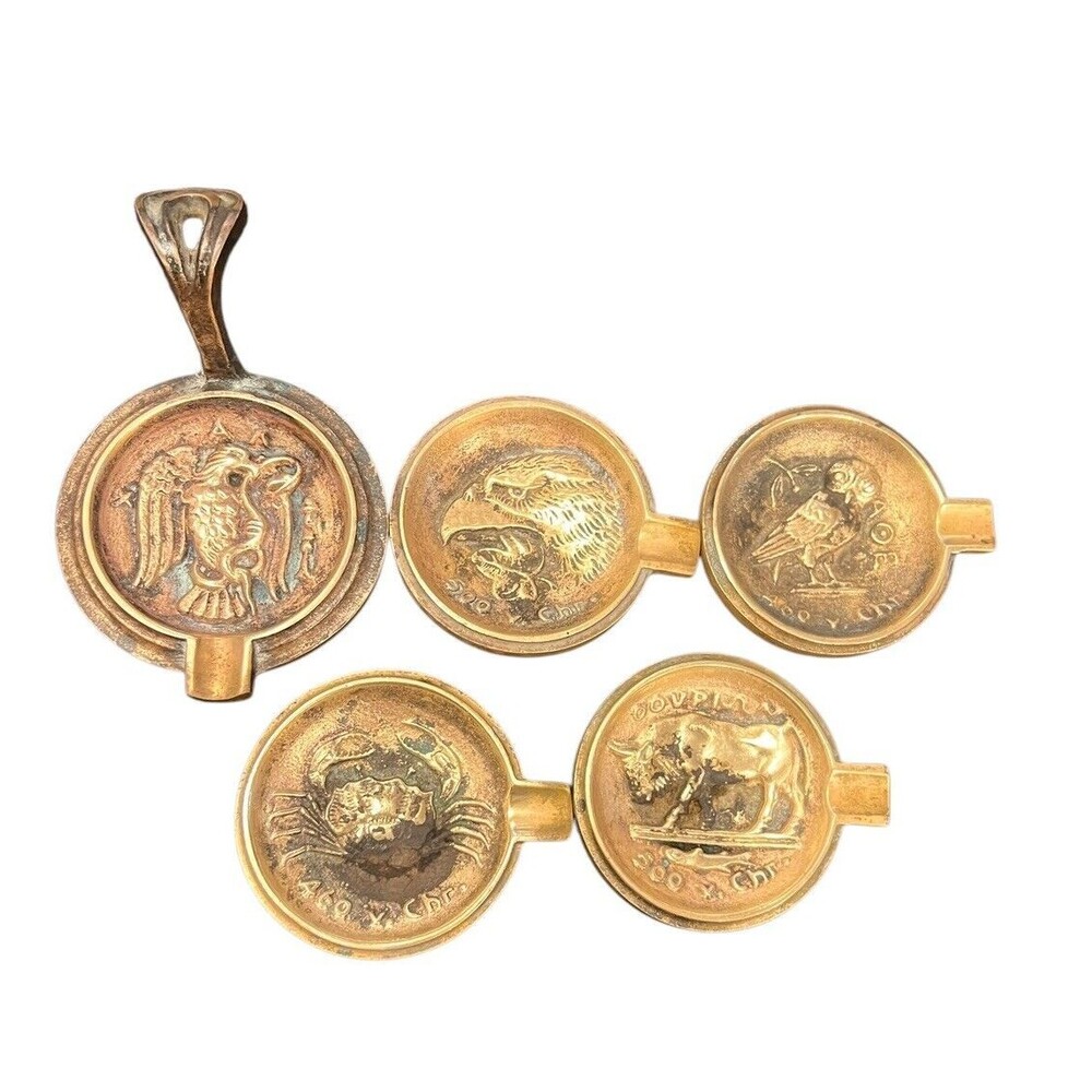 Vtg Greek Brass Nesting Ashtrays Set 5pc Gold Mythological Animal Motifs MCM
